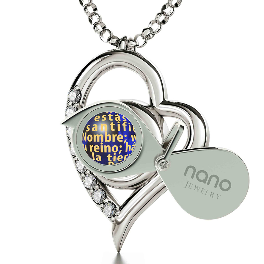 “The Lord’s Prayer” in Spanish with 24k on Zircon – 925 Silver Heart Necklace (with magnifying glass)