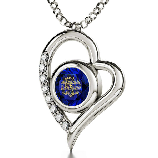 "The Lord's Prayer" in Spanish with 24k on Zircon - 925 Silver Heart pendant - on chain
