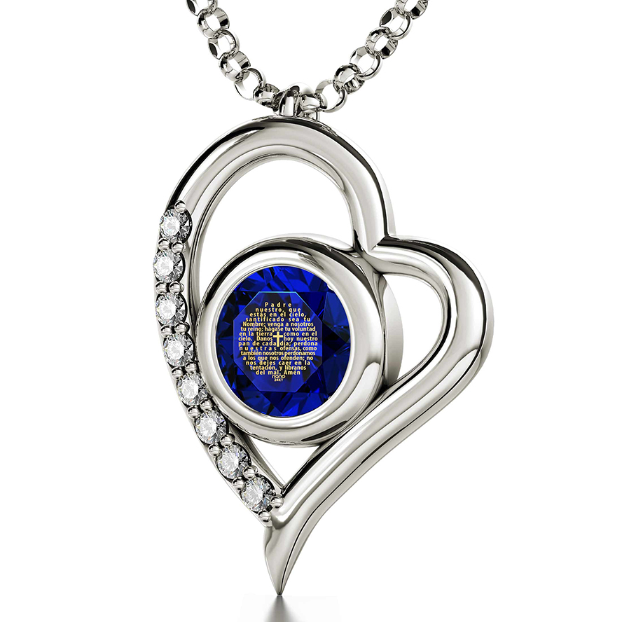 “The Lord’s Prayer” in Spanish with 24k on Zircon – 925 Silver Heart pendant – on chain