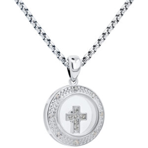 Round 'Spinning Cross' Necklace in Sterling Silver with Zirconia (with chain)