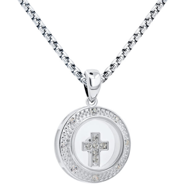 Round 'Spinning Cross' Necklace in Sterling Silver with Zirconia (with chain)