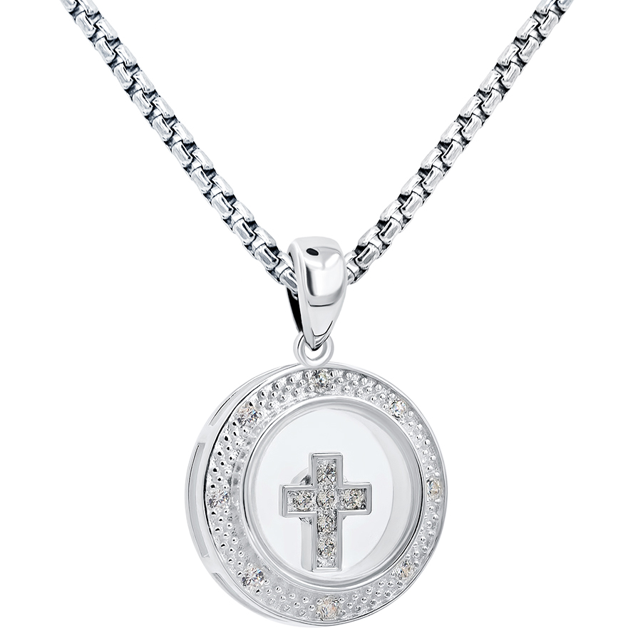 Round ‘Spinning Cross’ Necklace in Sterling Silver with Zirconia (with chain)