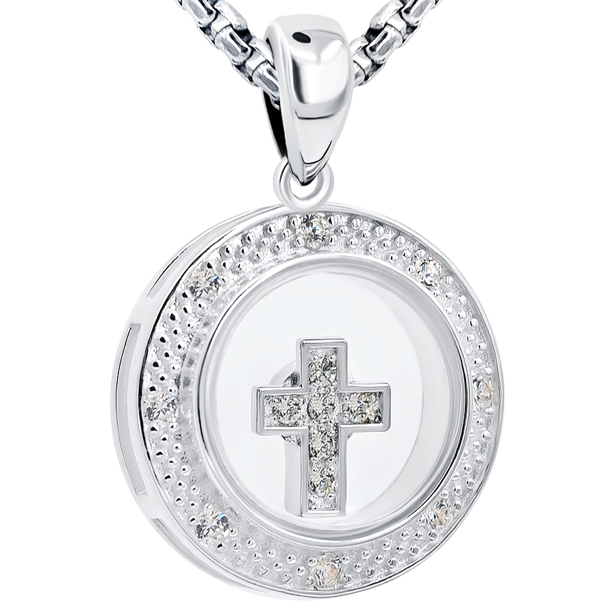 Round 'Spinning Cross' Necklace in Sterling Silver with Zirconia