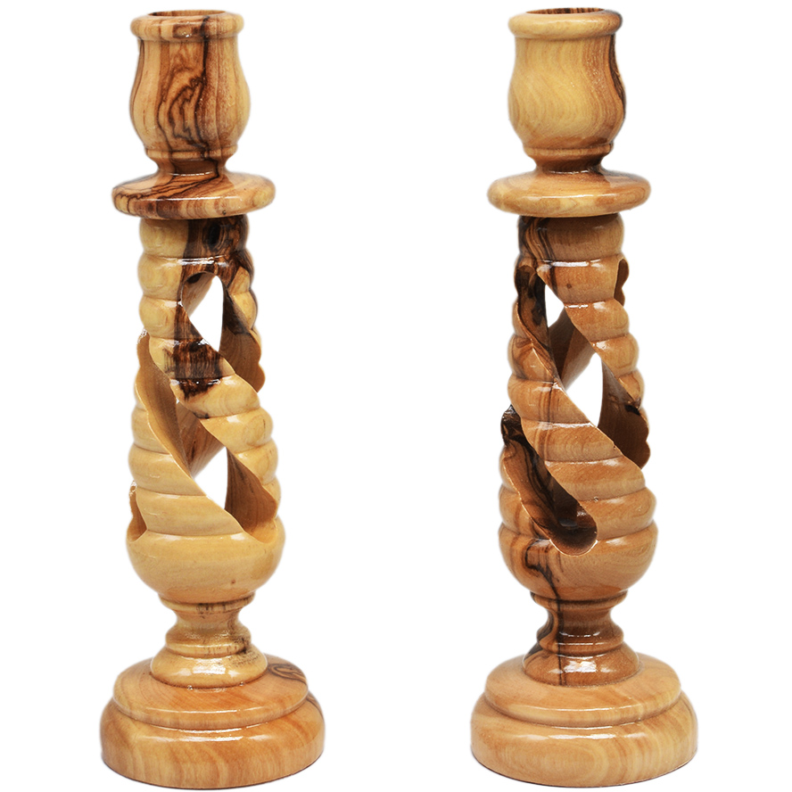Pair of Artistic Olive Wood Spiral Candlesticks from Jerusalem - 6"
