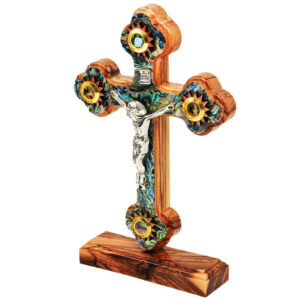 Standing Cross Crucifix, Olive Wood Mother of Pearl & Incense 7" (angle)