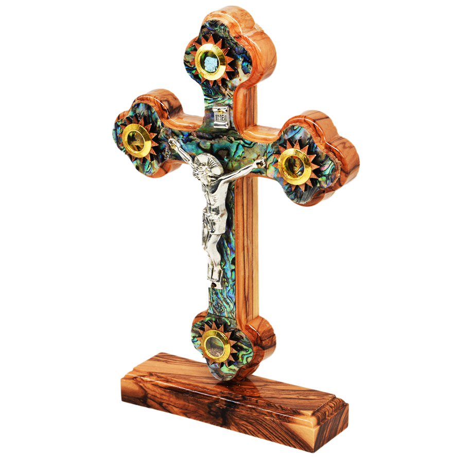 Standing Cross Crucifix, Olive Wood Mother of Pearl & Incense 7″ (angle)