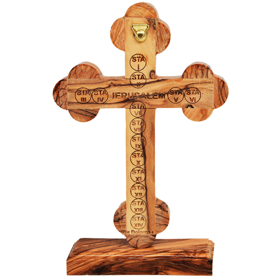 Standing Cross Crucifix – reverse side with 12 Stations of the Cross engraving 7″