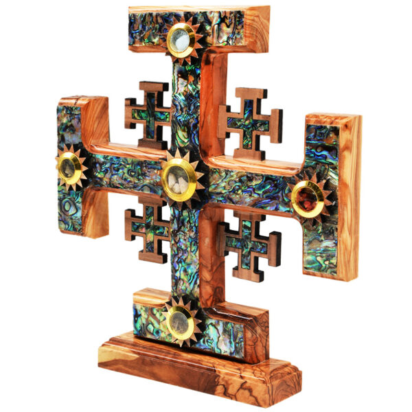 Free Standing Olive Wood Jerusalem Cross - Mother of Pearl inlay 8" (angle view)