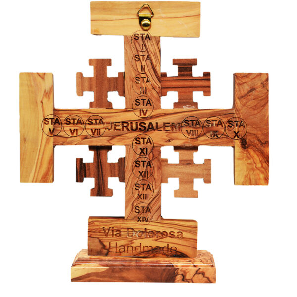 Free Standing Olive Wood Jerusalem Incense Cross Mother of Pearl inlay 8"