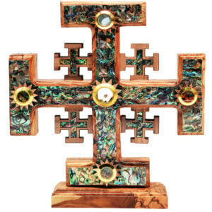 Free Standing Olive Wood Jerusalem Cross - Mother of Pearl inlay 8"