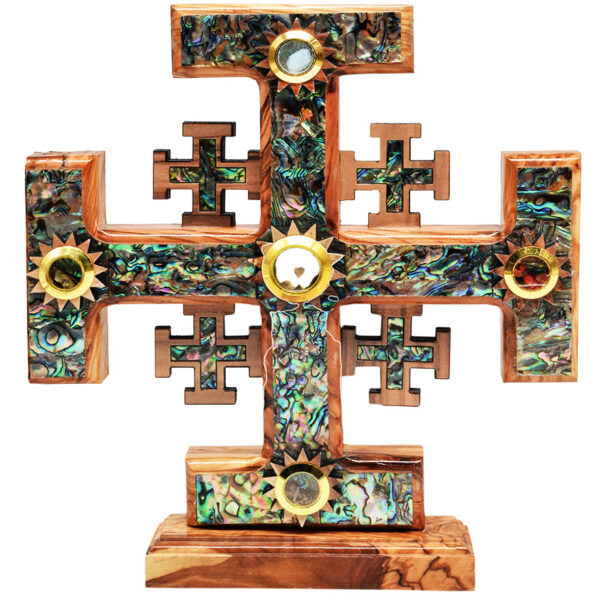Free Standing Olive Wood Jerusalem Cross - Mother of Pearl inlay 8"