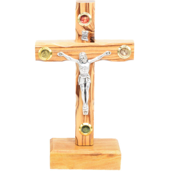 Standing Olive Wood Cross with Crucifix and 4 Incense 5.5" (front view)