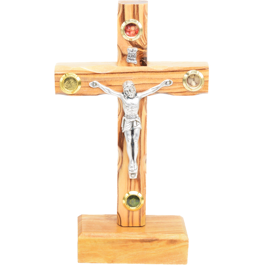 Standing Olive Wood Cross with Crucifix and 4 Incense 5.5″ (front view)