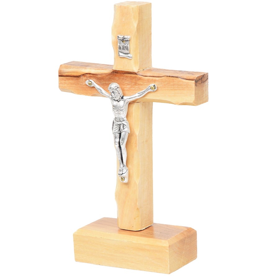 Standing Olive Wood Cross with Crucifix and ‘INRI’ – 5.5″