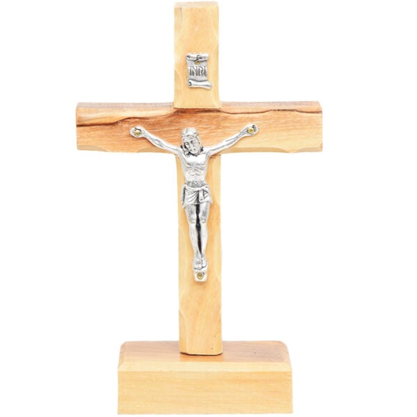 Standing Olive Wood Cross with Crucifix and 'INRI' - 5.5" (front view)