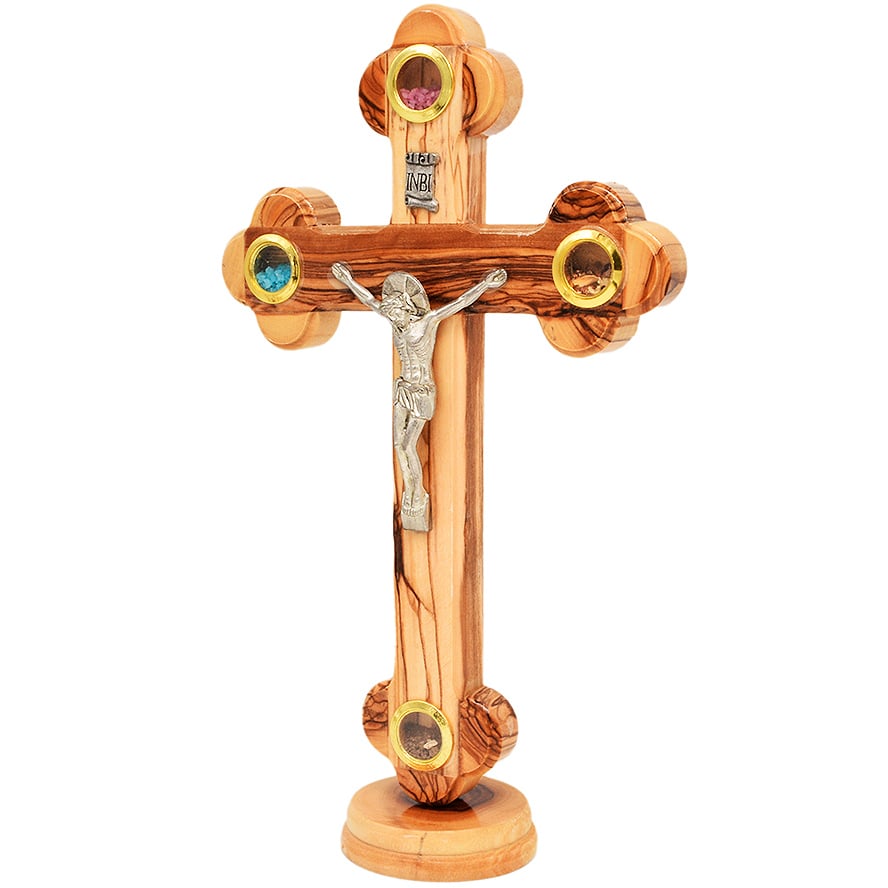 Olive Wood Standing Crucifix – 3 Incense & Holy Soil – 11″ (side view)