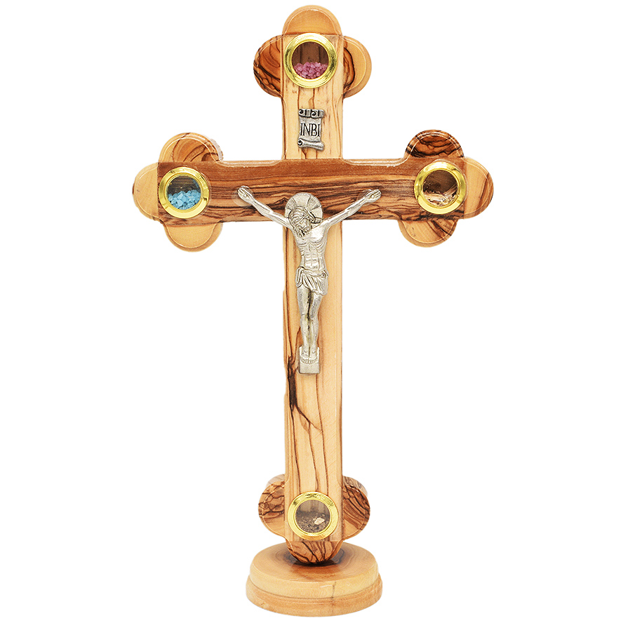 Olive Wood Standing Crucifix - 3 Incense & Holy Soil - 11"
