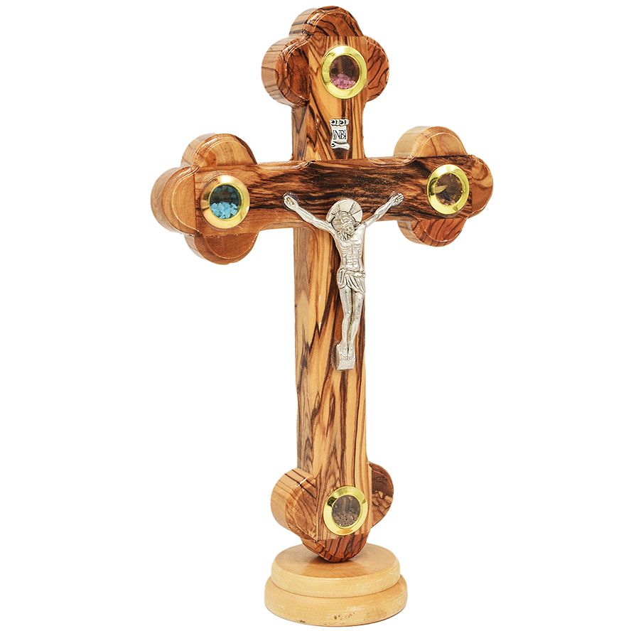 Olive Wood Standing Crucifix – 3 Incense & Holy Soil – 9″