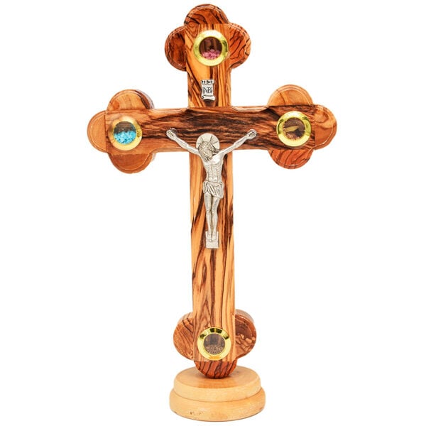 Olive Wood Standing Crucifix - 3 Incense & Holy Soil - 9" (front view)