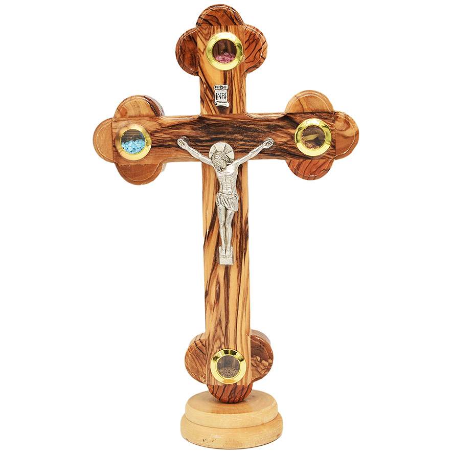 Olive Wood Standing Crucifix – 3 Incense & Holy Soil – 9″ (front view)