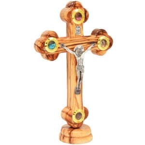 Free Standing Olive Wood Cross Crucifix - 3 Incense & Holy Soil - 7" (angle view)