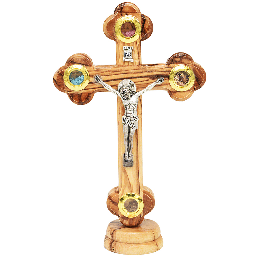 Free Standing Olive Wood Cross Crucifix – 3 Incense & Holy Soil – 7″