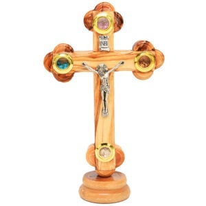 Standing Olive Wood Cross & Crucifix - 3 Incense & Holy Soil - 6" (front view)