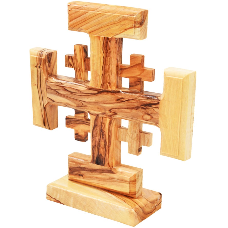Standing Olive Wood ‘Jerusalem Cross’ from Jerusalem – 6″ (side view)