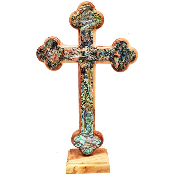 Free Standing Olive Wood Orthodox Cross with Mother of Pearl inlay 11" (front)