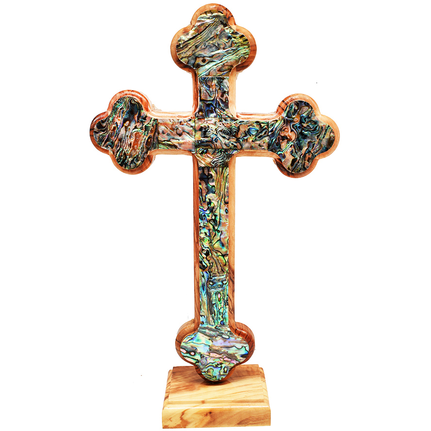 Free Standing Olive Wood Orthodox Cross with Mother of Pearl inlay 11″ (front)