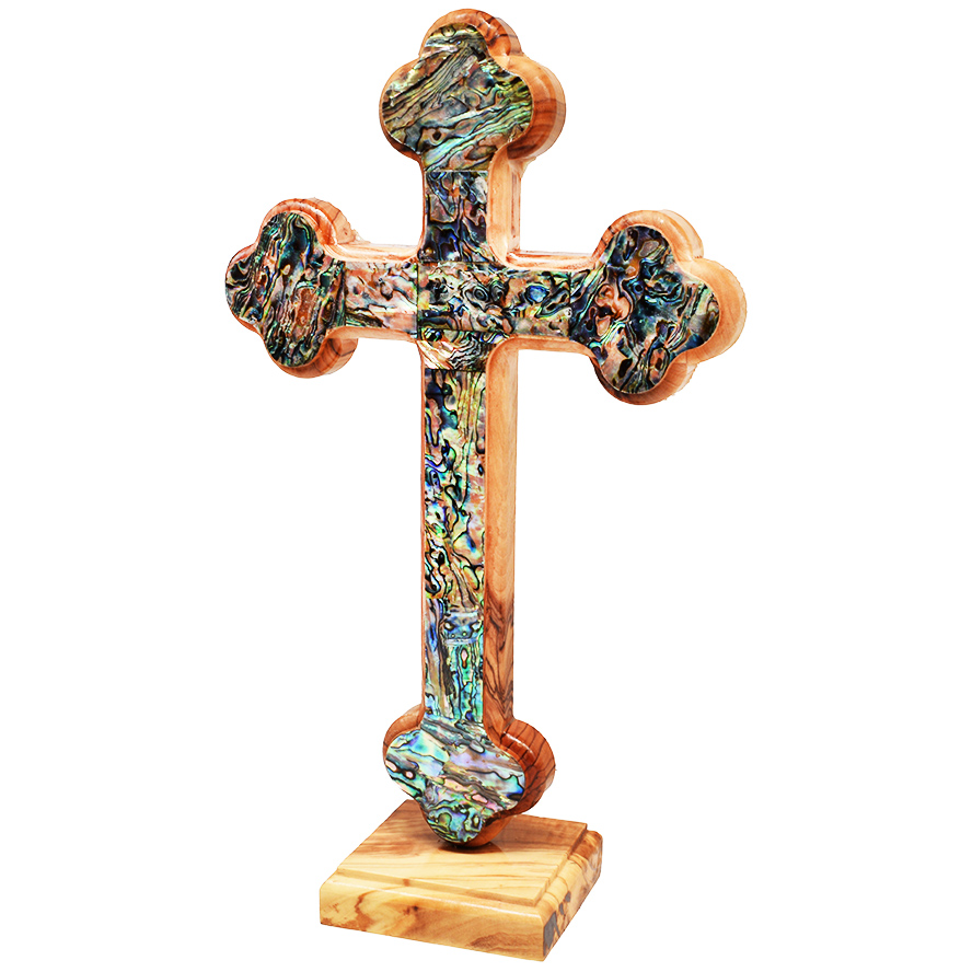 Free Standing Olive Wood Orthodox Cross with Mother of Pearl inlay 11″