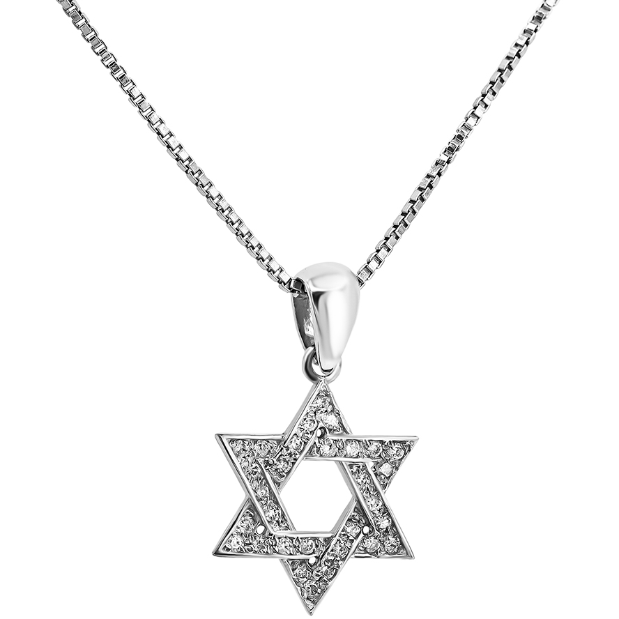 'Star of David' 14k White Gold Diamond Necklace - Made in Israel (with chain)