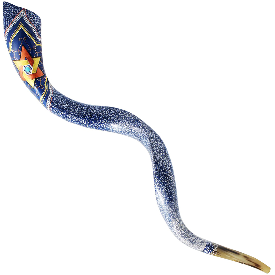 'Star of David' with Silver Decoration Hand-Painted Kudu Shofar - Made in Israel