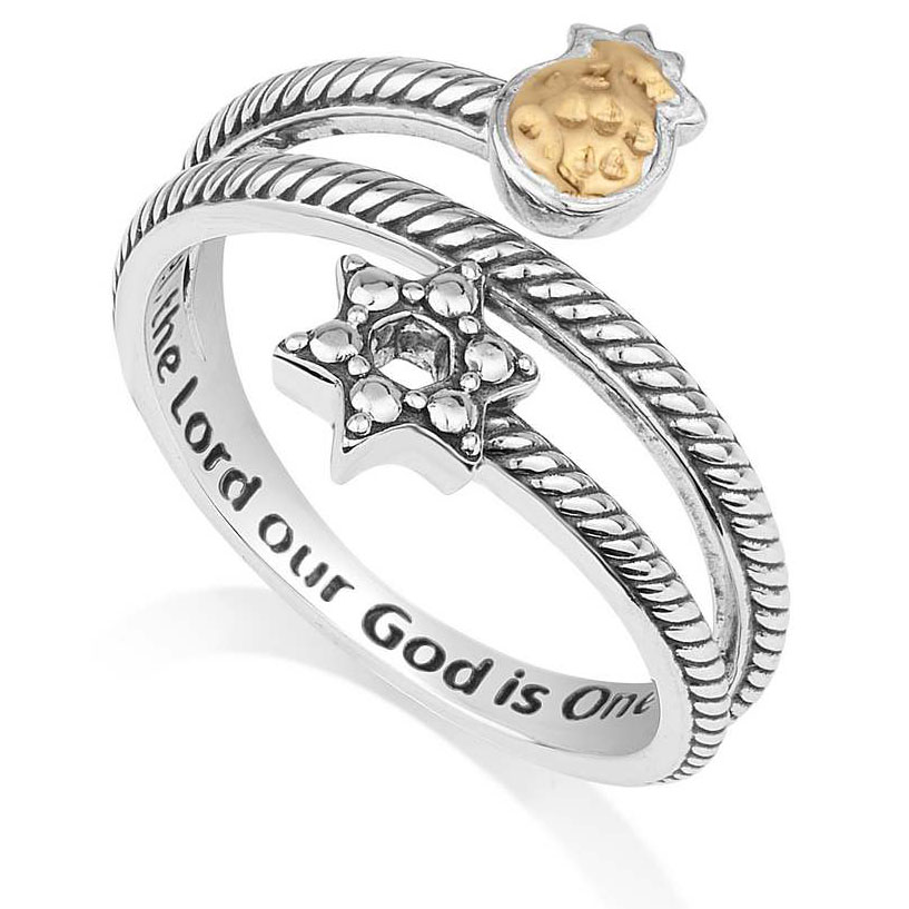 Open Ring with Star David & Pomegranate – Hear O Israel – 925 Silver