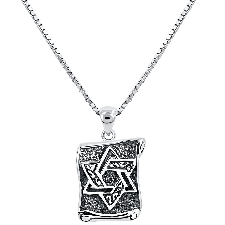 ‘Star of David’ on Scroll Oxidized Silver Pendant – Made in Israel (with chain)