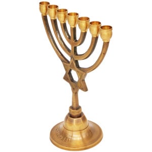 Solid Brass 'Star of David' Menorah with 'Jerusalem' engraving - 8" (angle view)