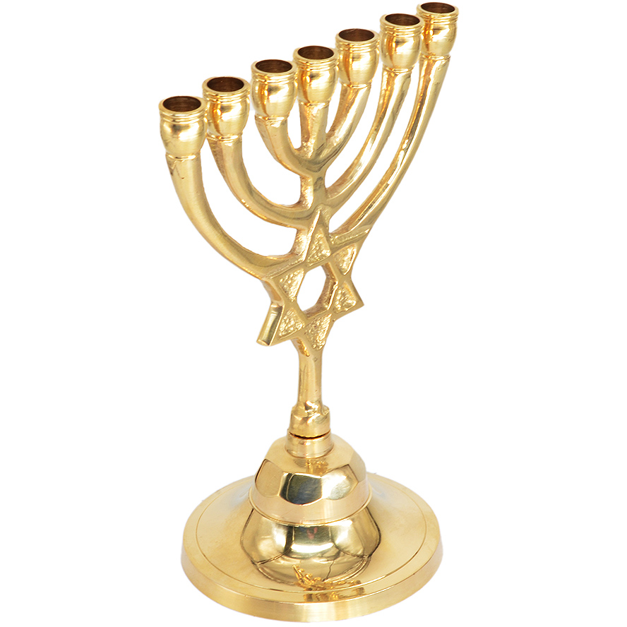 Polished Brass ‘Star of David’ Menorah from Jerusalem – 6″ (angle view)