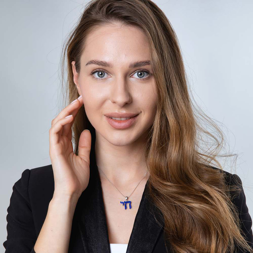 Sterling Silver ‘Chai’ with ‘Jerusalem’ Hebrew Pendant – Blue Enamel (worn by model)