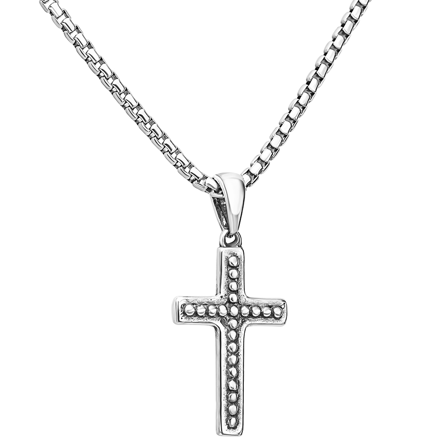 ✟ Sterling Silver Studded Cross 2 Sided Necklace (with chain)