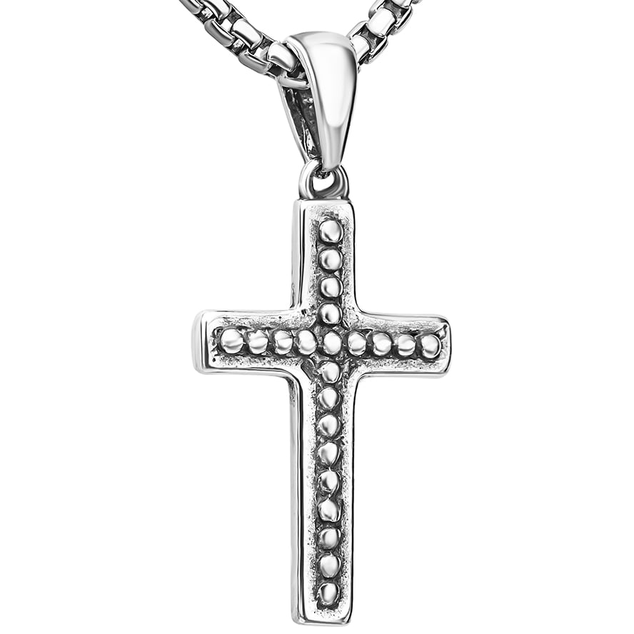 ✟ Sterling Silver Studded Cross 2 Sided Necklace