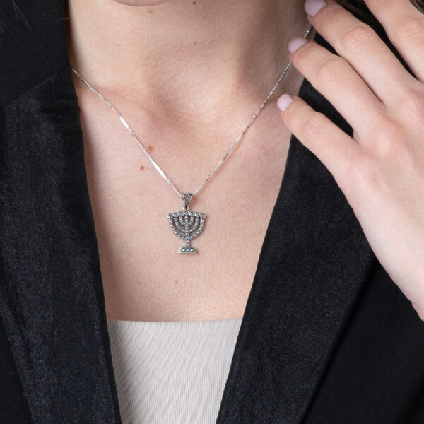 Menorah Necklace in Sterling Silver - Made in Israel by 'Marina' (worn by model)