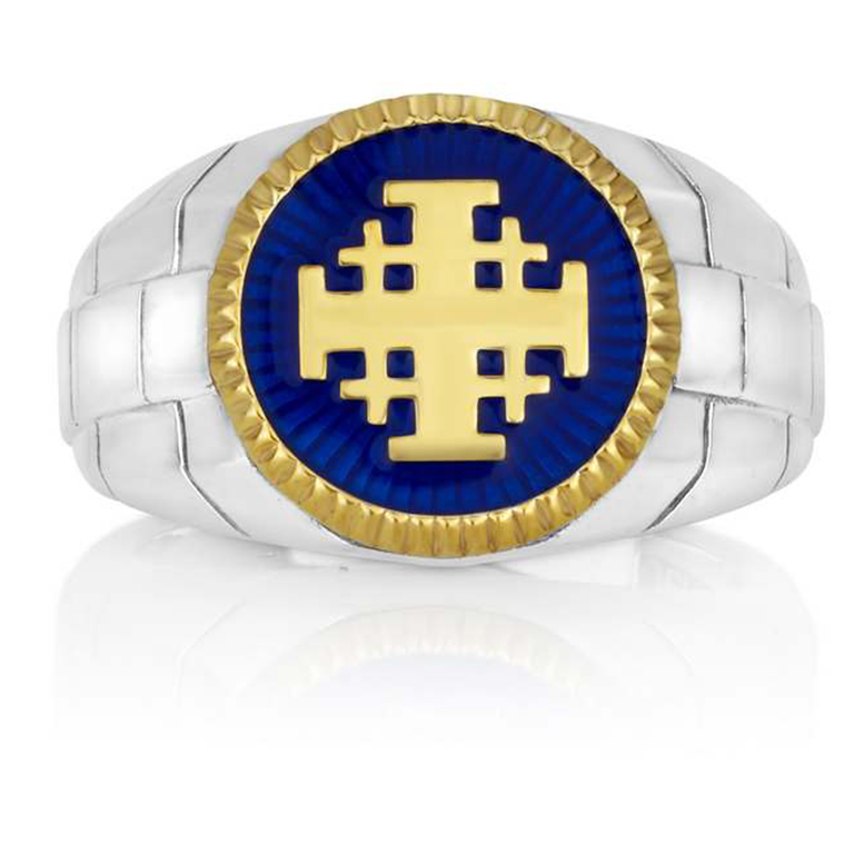 Sterling Silver & Blue Enamel Gold Plated 'Jerusalem Cross' Men's Ring (front face)