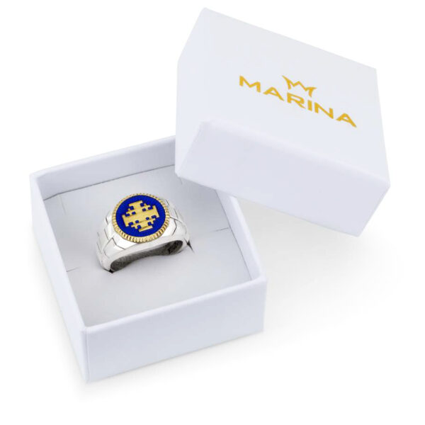 Sterling Silver & Blue Enamel Gold Plated 'Jerusalem Cross' Men's Ring (gift box)