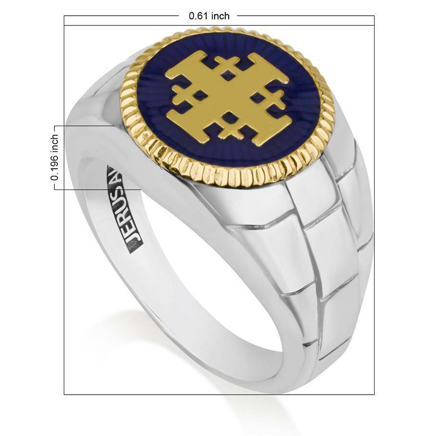 Sterling Silver & Blue Enamel Gold Plated ‘Jerusalem Cross’ Men’s Ring (dimensions)