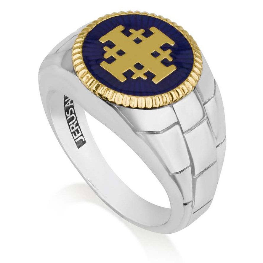 Sterling Silver & Blue Enamel Gold Plated ‘Jerusalem Cross’ Men’s Ring