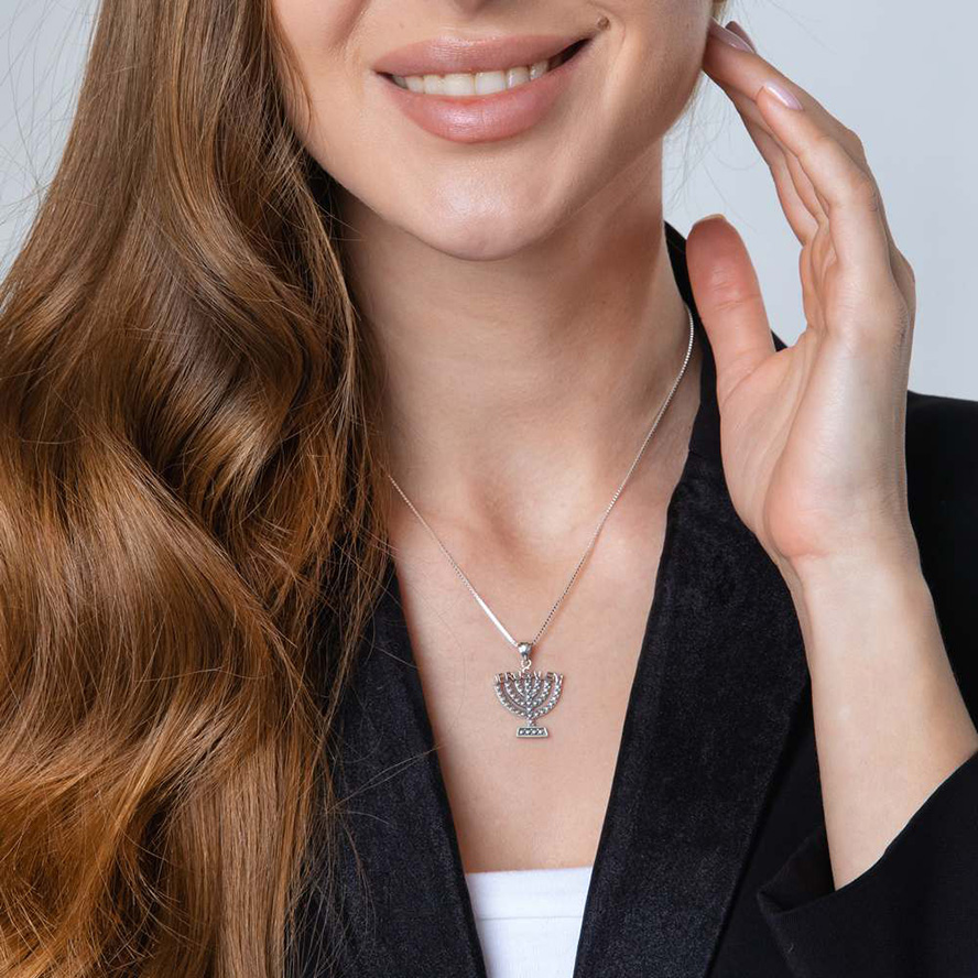Menorah with ‘Jerusalem’ Necklace in Sterling Silver (worn by model)