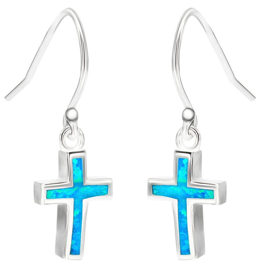 Classic Sterling Silver Cross Earrings with Real Opal - Made in Jerusalem