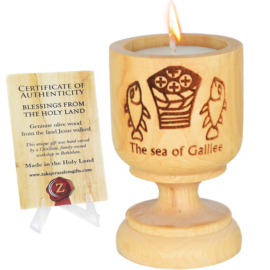 Olive Wood ‘Loaves and Fishes – Tabgha’ Engraved Candle Holder – 3″