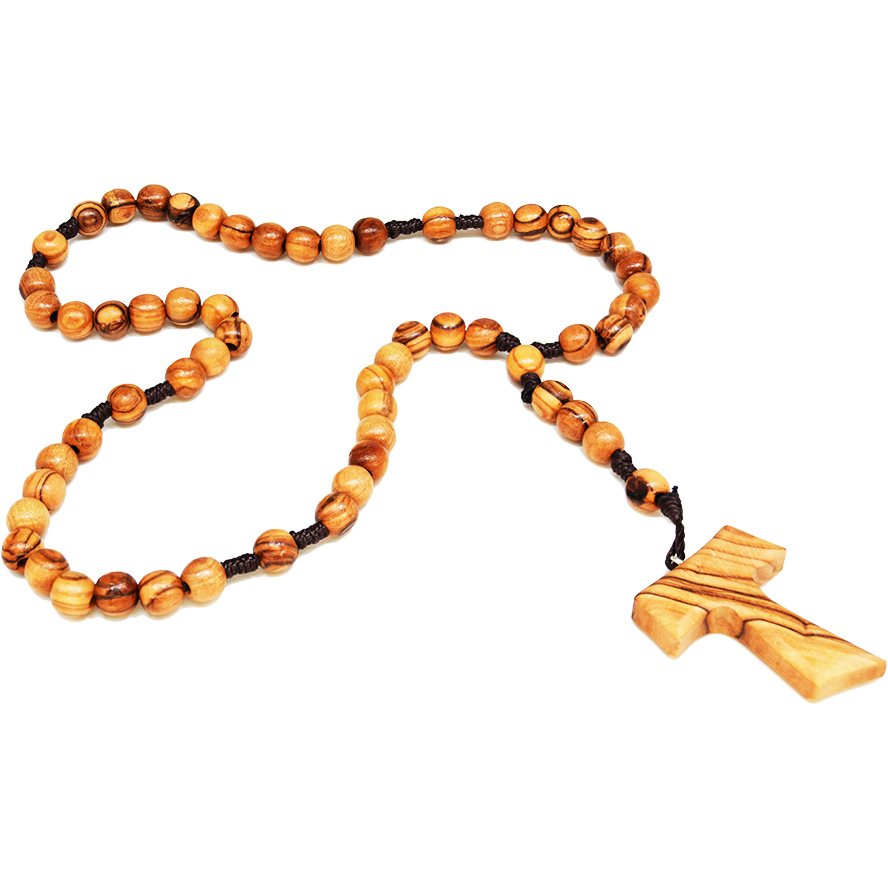 Olive Wood Rosary Beads with TAU Cross – Made in Jerusalem