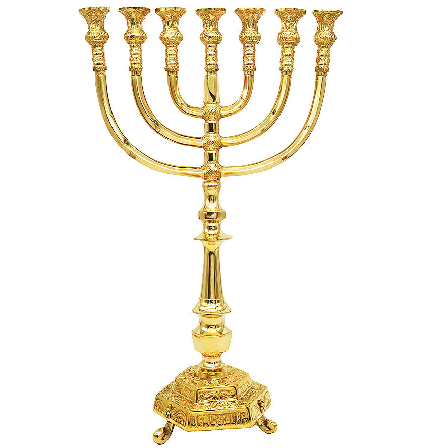 Temple Menorah – 24 karat Gold Plated Brass – Made in Israel – 16″